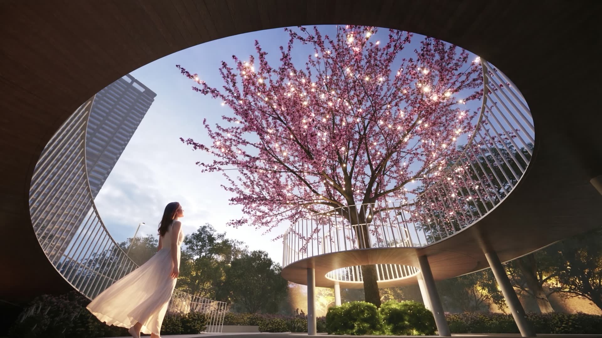 A woman in a white dress beneath a blossoming tree in a circular garden courtyard