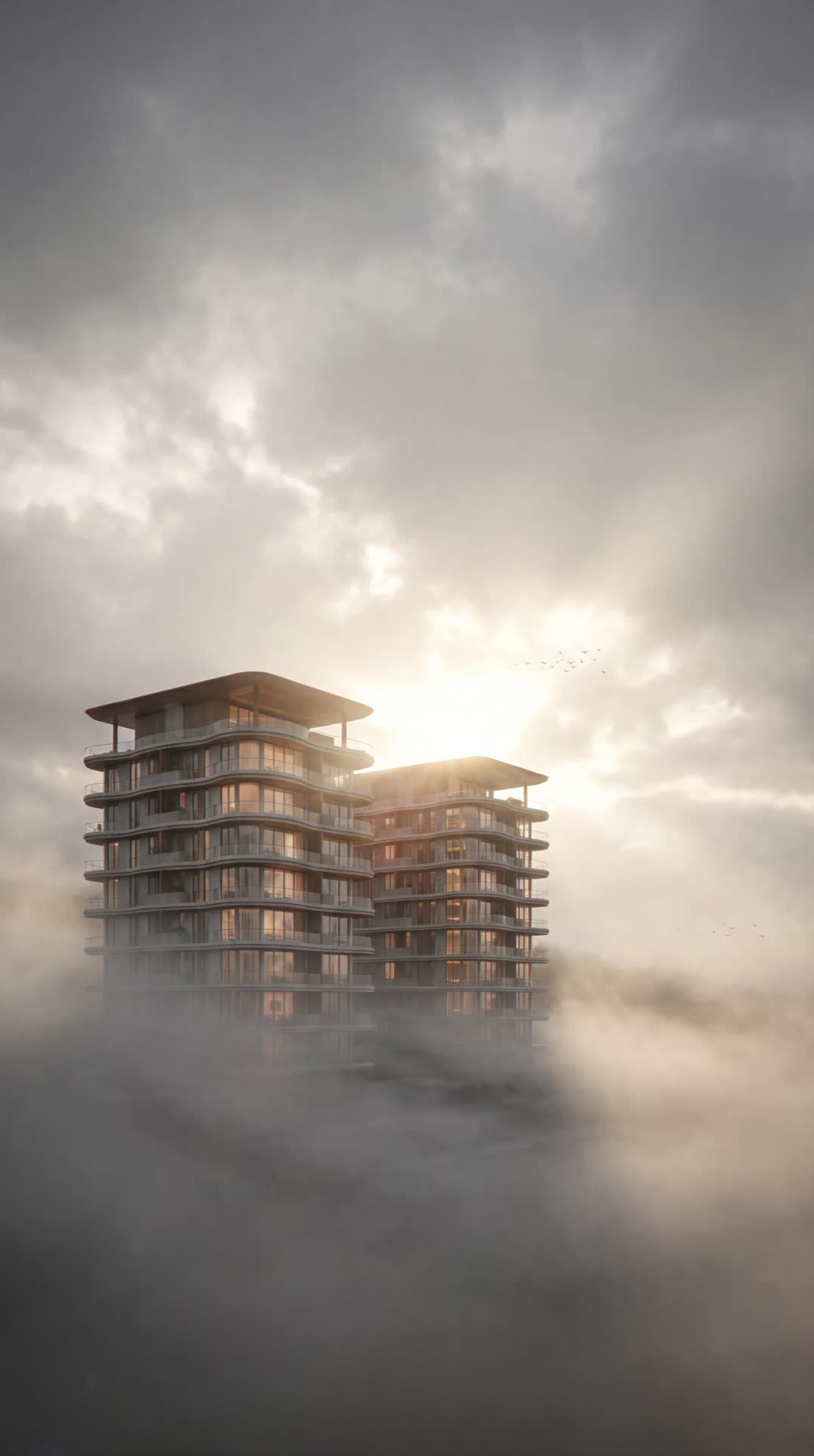 Two curved residential towers rising out of fog beneath a sunlit, cloudy sky